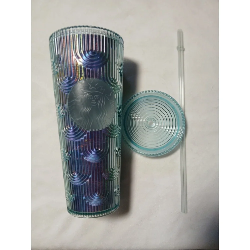 NewStarbucks‎ Mermaid Green Iridescent Rainbow Clear Venti Tumbler Cup W/O Straw
